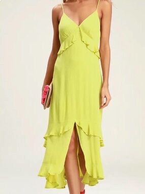 NWT Lulu’s Light Green Island Time Ruffle Sleeveless Midi Dress Size Small